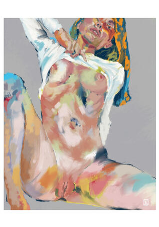 despite her usual great modesty she continues to reveal herself more beautifully, spreading her right leg a little more and lifting her white top, to reveal her chest with already tense nipples