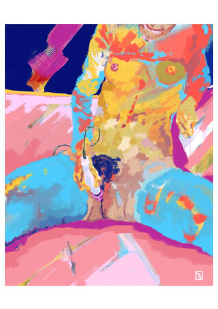 A young woman sitting on a sofa, her sweatshirt riding up above her chest, now offering a view of her young, pointed breasts. Her panties already removed, her legs spread, in a hurry she didn't take off her tights as she was so eager to use her favorite to