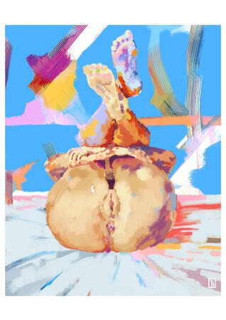 Lying on her back, curled up, legs together and brought towards her chest, she makes herself comfortable, comfortably supported by the mattress that perfectly fits the shape of her body. In an imperceptible gesture, she brings her knees closer to her torso