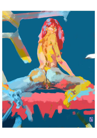 an impressionistic vision of a woman seen from behind, kneeling and spreading her legs to reveal her vulva.