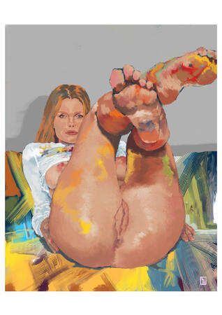 A young woman lying on a sofa, her legs crossed and raised towards her chest, looks with an air of defiance and submission, like an invitation. Her sweatshirt lifted reveals a voluptuous breast, we can admire the rest of her naked body with majestic curves