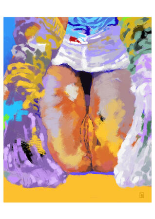 A young woman wearing knee-high socks sits with her legs curled up, her shorts pulled up to her knees, allowing us to fully admire her vagina squeezed between her thighs.